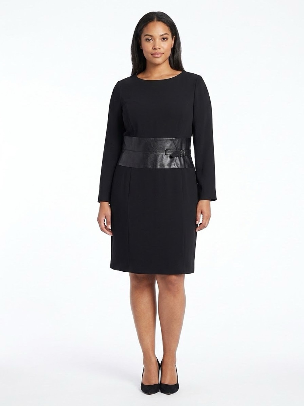 SHANI Black Sheath Dress Leather Waist Belted Long Sleeve LBD Career - Size 14